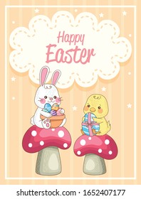 happy easter card with rabbit and chick in fungus vector illustration design