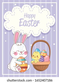 happy easter card with rabbit and chick lifting eggs painted vector illustration