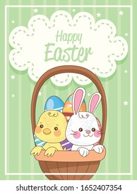 happy easter card with rabbit and chick in basket vector illustration design