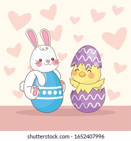 happy easter card with rabbit and chick and eggs painted vector illustration design