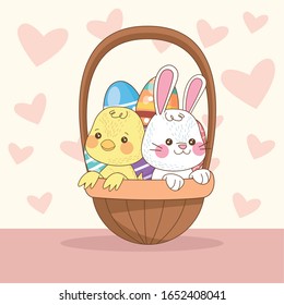 happy easter card with rabbit and chick in basket vector illustration design