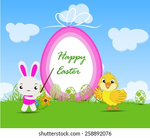 Happy Easter card with rabbit and chick