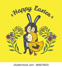 Happy Easter card with rabbit and chick. Vector illustration of Easter ornamental card with Bunny and chick on yellow background.