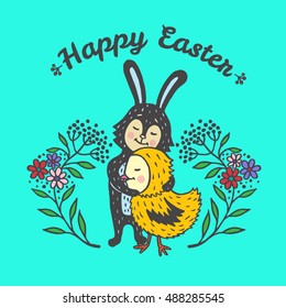 Happy Easter card with rabbit and chick. Vector illustration of Easter ornamental card with Bunny and chick on blue background.