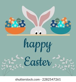 Happy Easter card with a rabbit, colorful eggs and willow branches. Vector illustration using natural earth shades. 