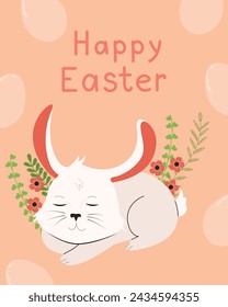 Tarjeta de Pascua feliz con conejo. Lindo conejito durmiente. Ilustración de vector