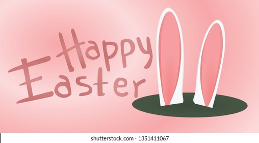 Happy Easter card with rabbit ears sticking out of hole. vector illustration 
