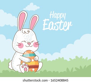 happy easter card with rabbit and egg painted vector illustration design