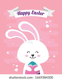tarjeta de Pascua feliz con diseño de ilustración vectorial decorada con conejo y huevo