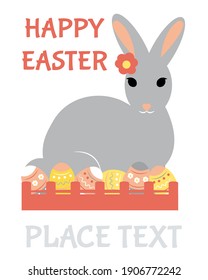 Happy Easter card with rabbit and egg basket. Simple vector elements - bunny, flower, eggs, basket. Easy changeable and printable decor for your design with a place for text. 