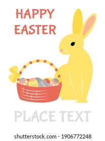 Happy Easter card with rabbit and egg basket. Simple vector elements - bunny, flower, eggs, basket. Easy changeable and printable decor for your design with a place for text. 