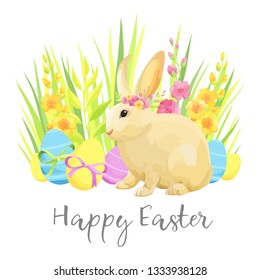 Happy Easter card with rabbit, eggs and grass.