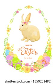 Happy Easter card with rabbit, eggs and flowers.