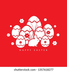 Happy Easter card with rabbit, eggs, flowers on red background. Simple, modern design. Vector illustration for websites, blogs, banner, poster, cards.