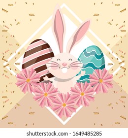 happy easter card with rabbit and eggs painted vector illustration design