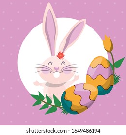 happy easter card with rabbit and eggs painted vector illustration design