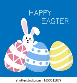 Happy easter card with rabbit and eggs. Vector illustration.