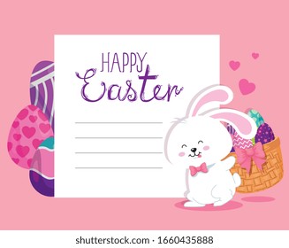 happy easter card with rabbit and eggs decorated vector illustration design