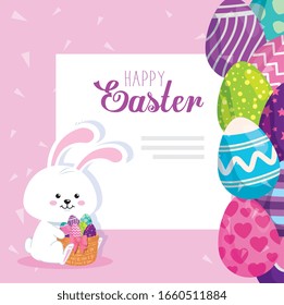 happy easter card with rabbit and eggs decorated vector illustration design