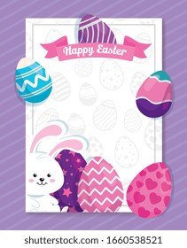 happy easter card with rabbit and eggs decorated vector illustration design