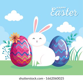 happy easter card with rabbit and eggs in landscape vector illustration design