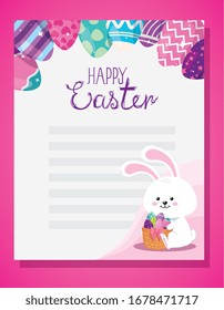 happy easter card with rabbit and eggs decorated vector illustration design