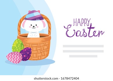 happy easter card with rabbit and eggs decorated vector illustration design