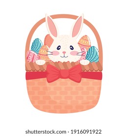 happy easter card with rabbit and eggs painted in basket vector illustration design