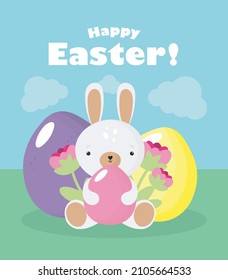 Happy Easter Card with Rabbit and Eggs Vector illustration, White bunny with spring meadow background. Cartoon style.