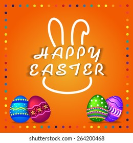 Happy easter card with rabbit and easter eggs on orange background