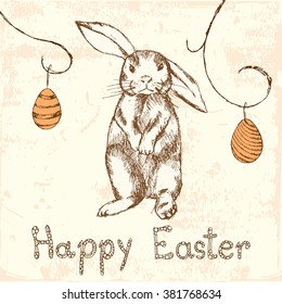 Happy Easter card with  rabbit, Easter eggs and typography