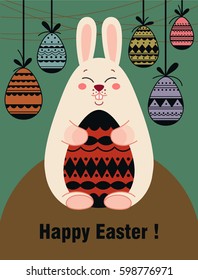 Happy Easter card with rabbit and Easter eggs. Mini Poster. Vector Illustration.