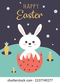 happy easter card with rabbit in eggshell, vector illustration in flat design style