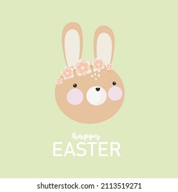 Feliz Tarjeta de Pascua con Conejo y flores. Ilustración vectorial. Estilo de caricatura.
