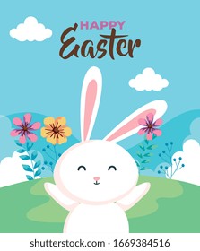 happy easter card with rabbit in landscape vector illustration design