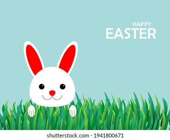 Happy Easter card, rabbit on the spring grass. Vector illustration.