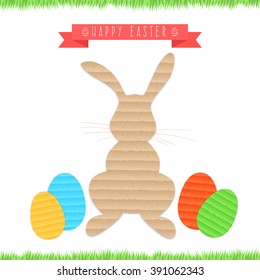 Happy Easter card, rabbit out of cardboard and colored eggs with a ribbon in a frame of green grass. Isolated on white background. Vector illustration for greeting card, Invitation, poster, banner