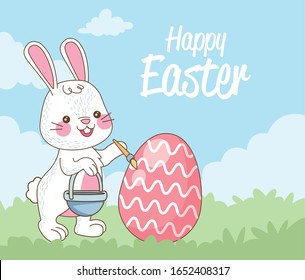 tarjeta de Pascua feliz con diseño de vector de huevo pintado de conejo