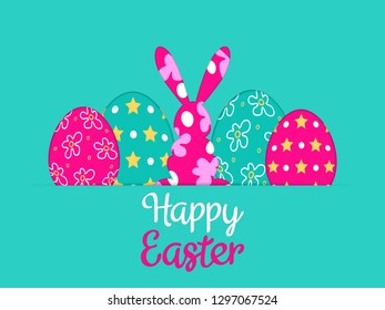 happy easter card with rabbit silhouette and eggs paper cut design