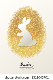 Happy Easter card with rabbit silhouette on the gold glitter egg background. Vector illustration.