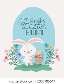 happy easter card with rabbit and wheelbarrow