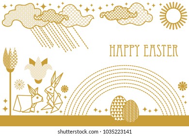Happy Easter card with rabbits, blooming spring flowers, rainbow and ornate eggs. New minimalism linear style. Template for posters, banners, invitations. White and golden.