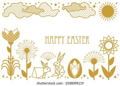 Happy Easter card with rabbits, blooming spring flowers, clouds, sun and ornate eggs. New minimalism design style. Template for posters, banners, invitations. White and golden.