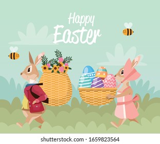 happy easter card with rabbits couple and baskets in the camp vector illustration