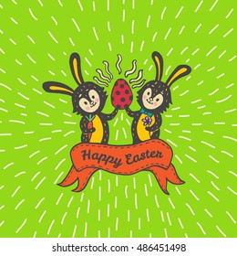 Happy Easter card with rabbits and egg. Vector illustration of Easter ornamental card with Bunny on green background.