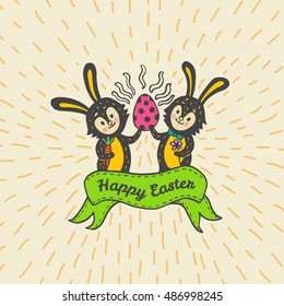 Happy Easter card with rabbits and egg. Vector illustration of Easter ornamental card with Bunny on beige background.