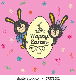 Happy Easter card with rabbits and egg. Vector illustration of Easter ornamental card with hare on pink background.