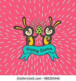 Happy Easter card with rabbits and egg. Vector illustration of Easter ornamental card with Bunny on red background.