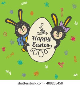 Happy Easter card with rabbits and egg. Vector illustration of Easter ornamental card with hare on green background.