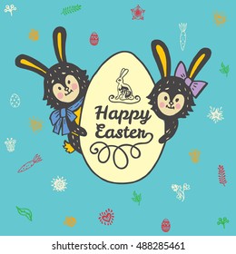 Happy Easter card with rabbits and egg. Vector illustration of Easter ornamental card with hare on blue background.